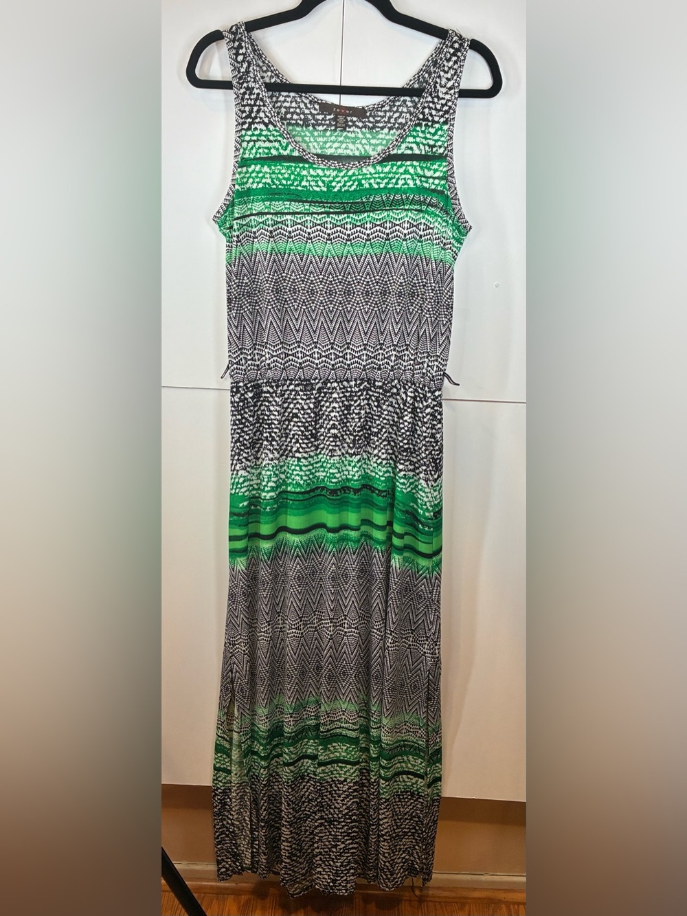 Fever Green Black Geometric Maxi Dress Women’s Small Sleeveless
